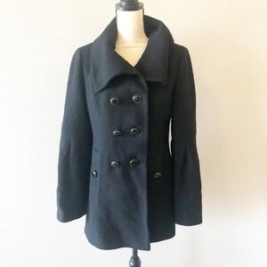 Ann Taylor LOFT Black Wool Blend Double Breasted Bell Sleeve Peacoat Womens 4